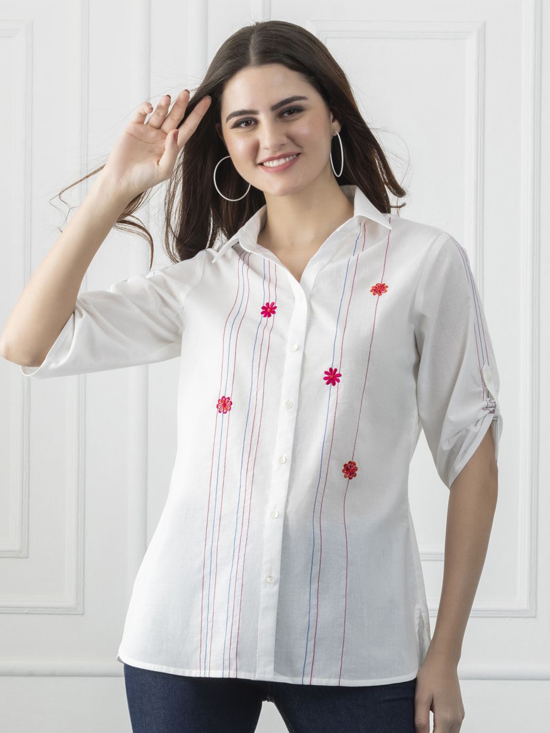 

SHAYE Embroidered Pure Cotton Shirt, White