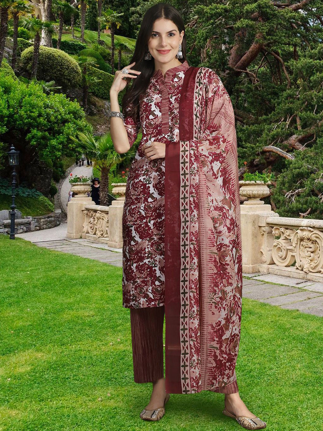 

7Threads Women Ethnic Motifs Printed Regular Pure Cotton Kurta with Trousers & With Dupatta, Maroon