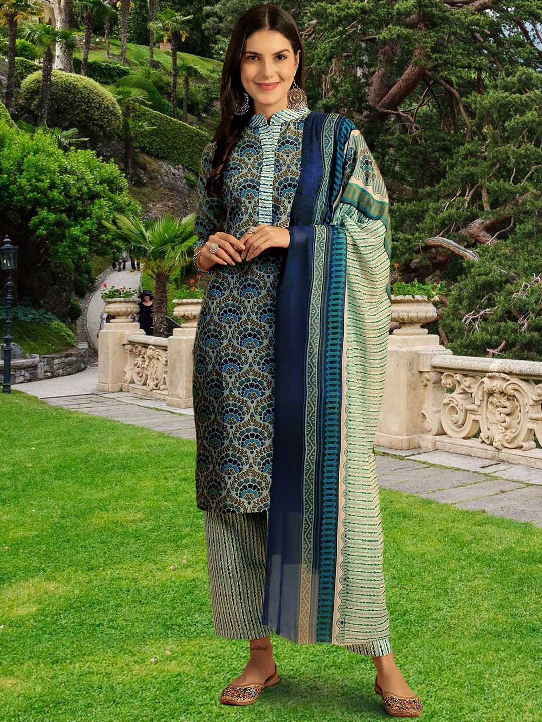 

7Threads Women Ethnic Motifs Printed Regular Pure Cotton Kurta with Trousers & With Dupatta, Teal