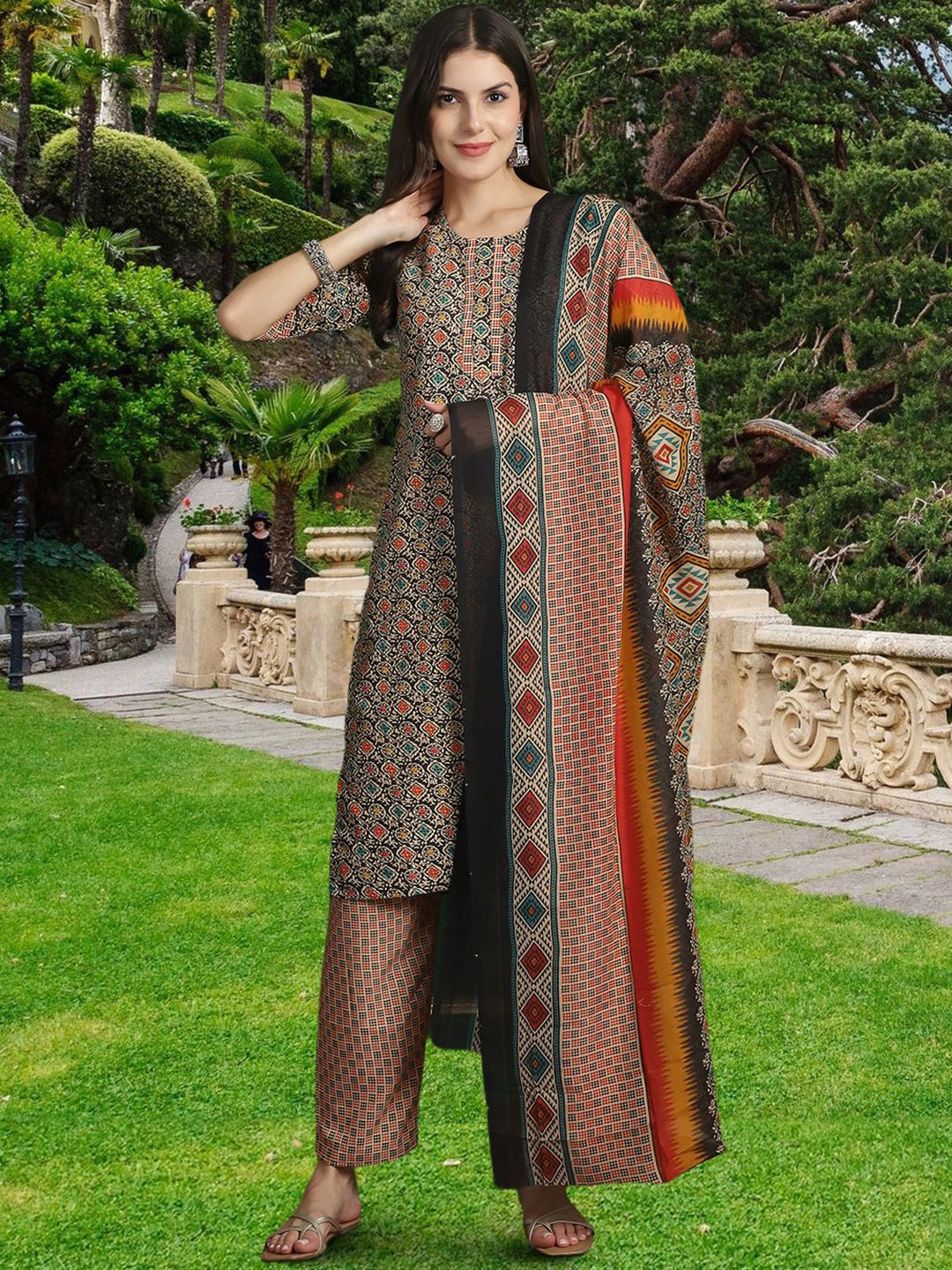 

KALINI Women Ethnic Motifs Printed Regular Pure Cotton Kurta with Trousers & With Dupatta, Brown