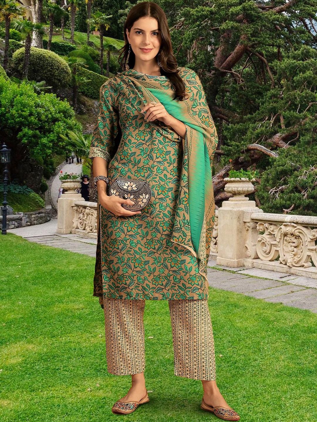

7Threads Women Ethnic Motifs Printed Regular Pure Cotton Kurta with Trousers & With Dupatta, Grey melange