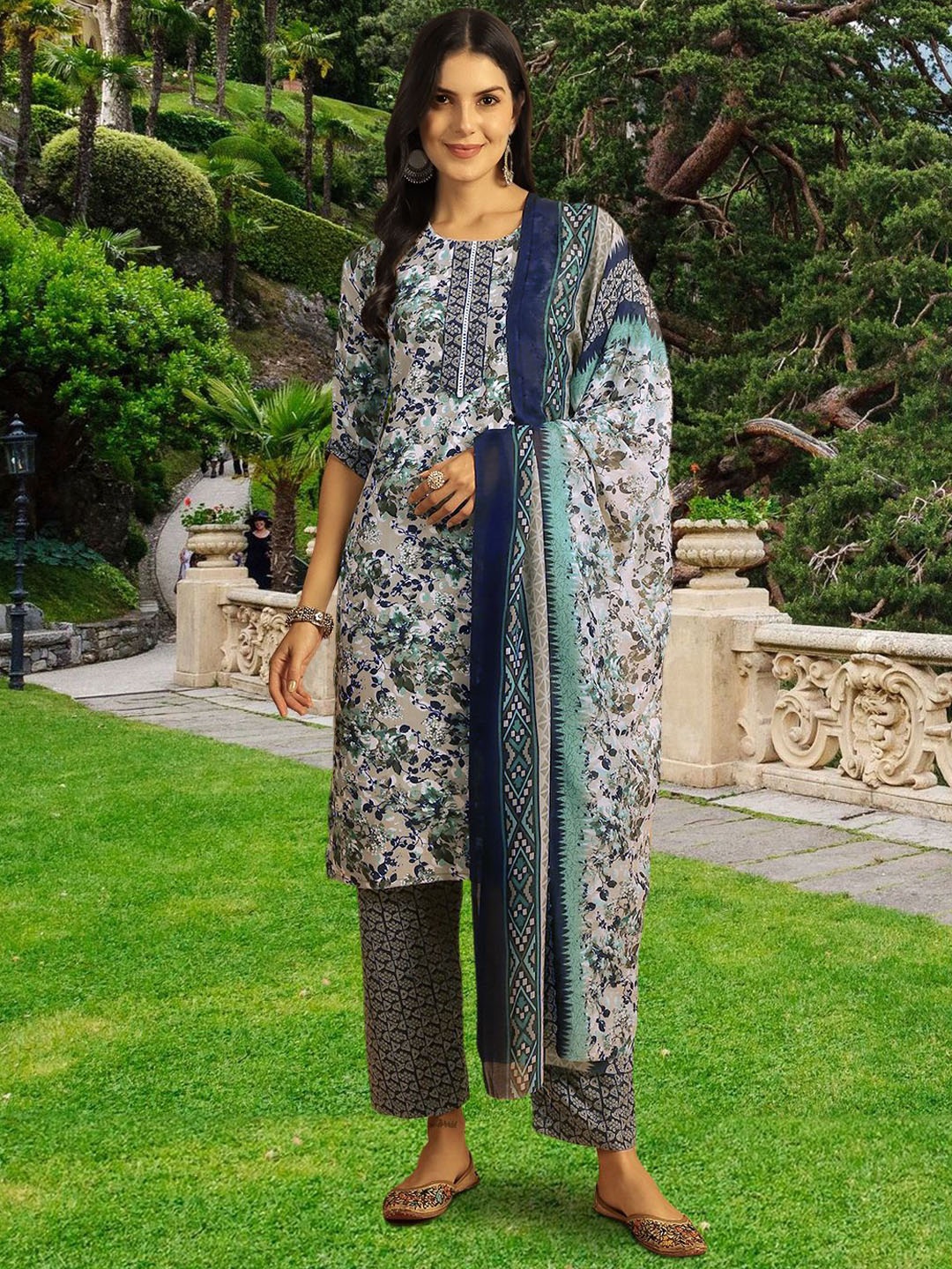 

7Threads Women Ethnic Motifs Printed Regular Pure Cotton Kurta with Trousers & With Dupatta, Navy blue