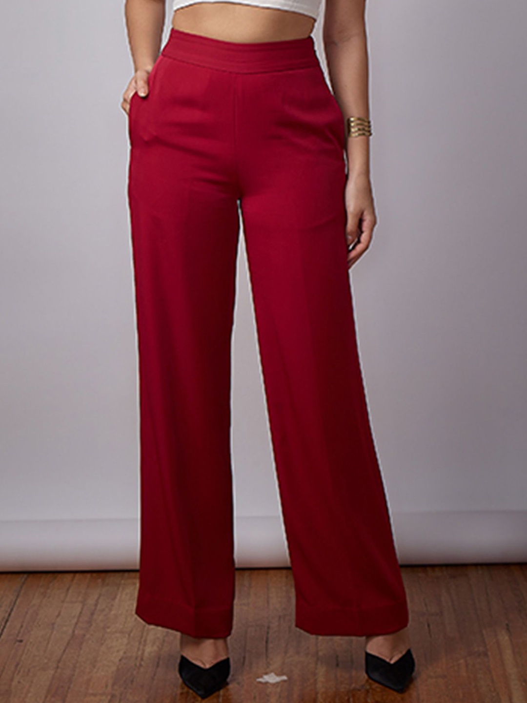

SALT ATTIRE Women Smart Flared High-Rise Trousers, Red