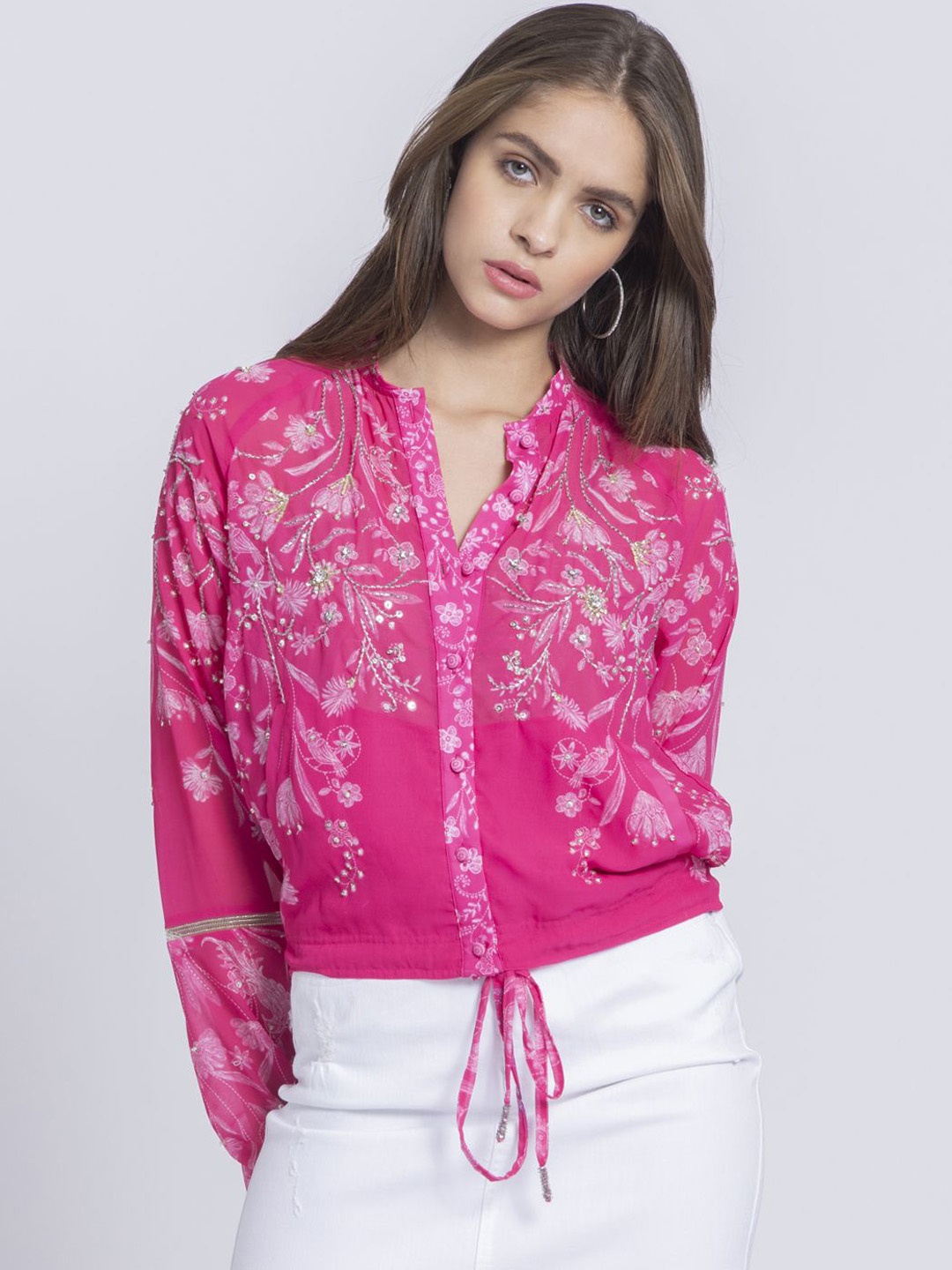 

SHAYE Women Floral Lightweight Crop Tailored Jacket with Embroidered, Pink