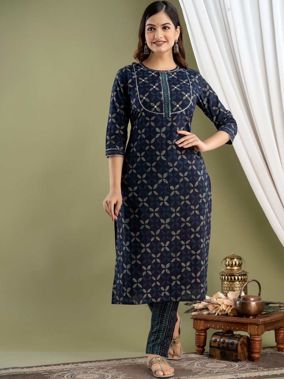 

RANGREAL Women Floral Printed Regular Pure Cotton Kurti with Pyjamas, Blue