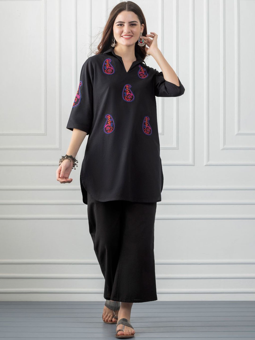 

SHAYE Embroidered Tunic With Trousers Co-Ords, Black