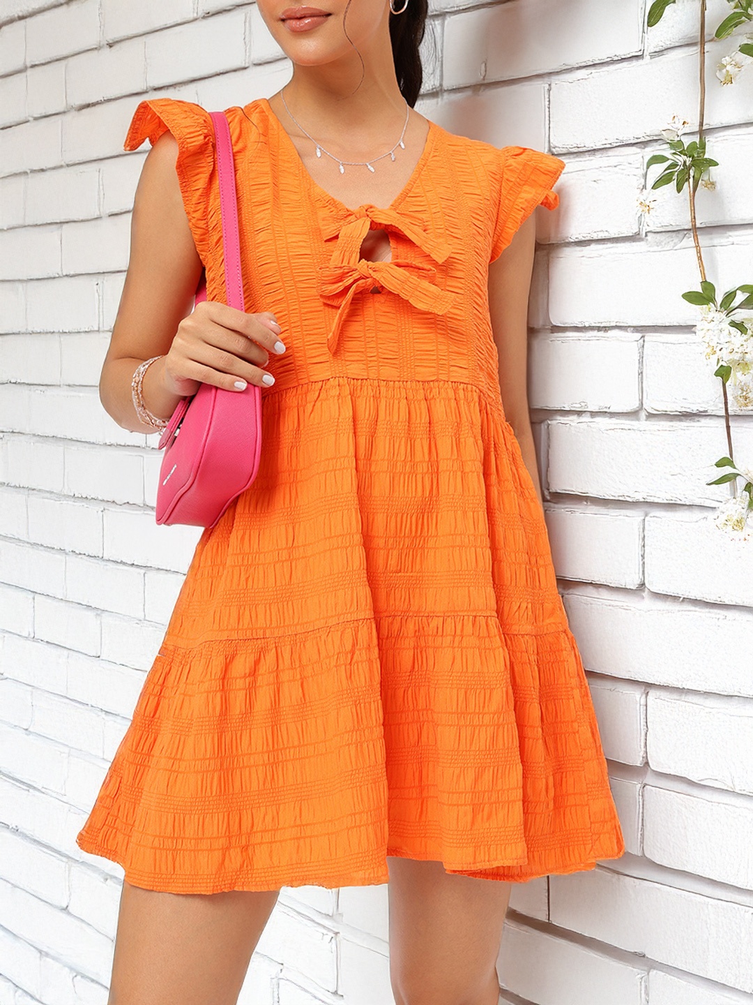 

DressBerry Seersucker Serene Bow Detail A-Line Mini DRess, Orange
