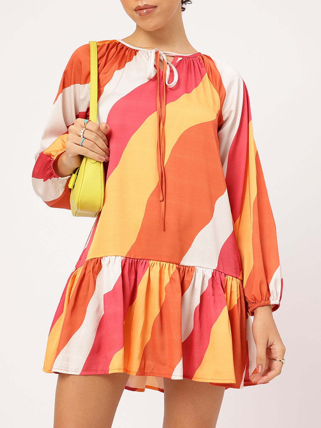 

DressBerry Hello Sunshine Tie-Up Neck Abstract Printed Drop-waist Dress, Orange