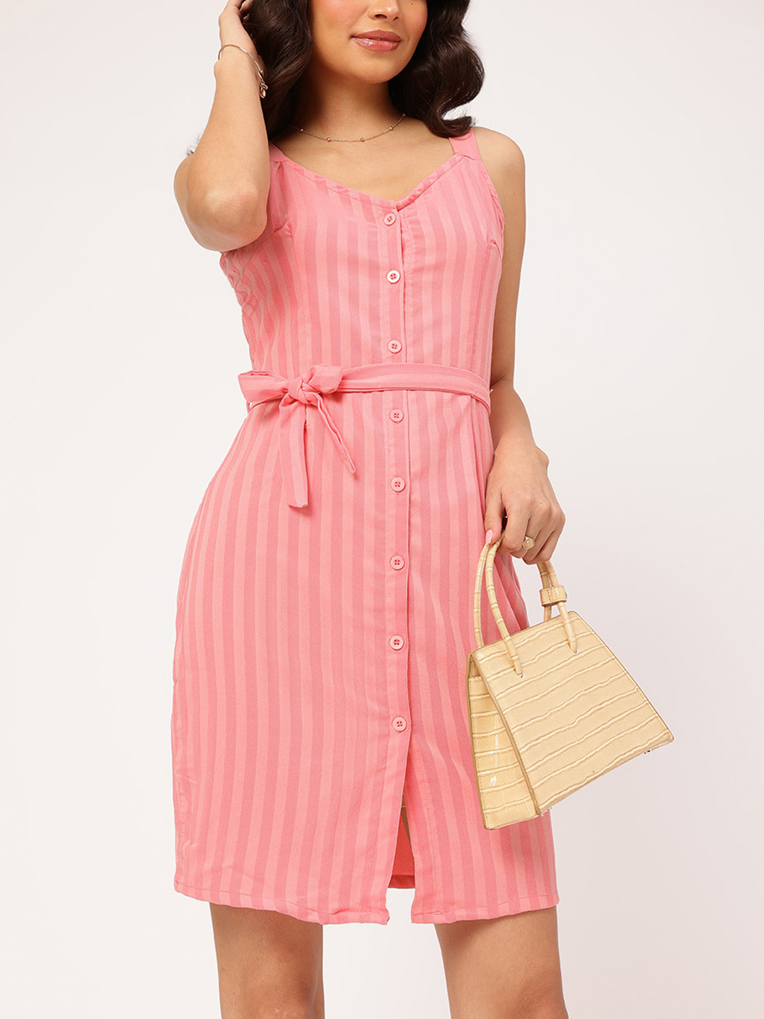 

DressBerry Global Groove Striped Waist Tie-Up Sleeveless Mini Dress, Pink