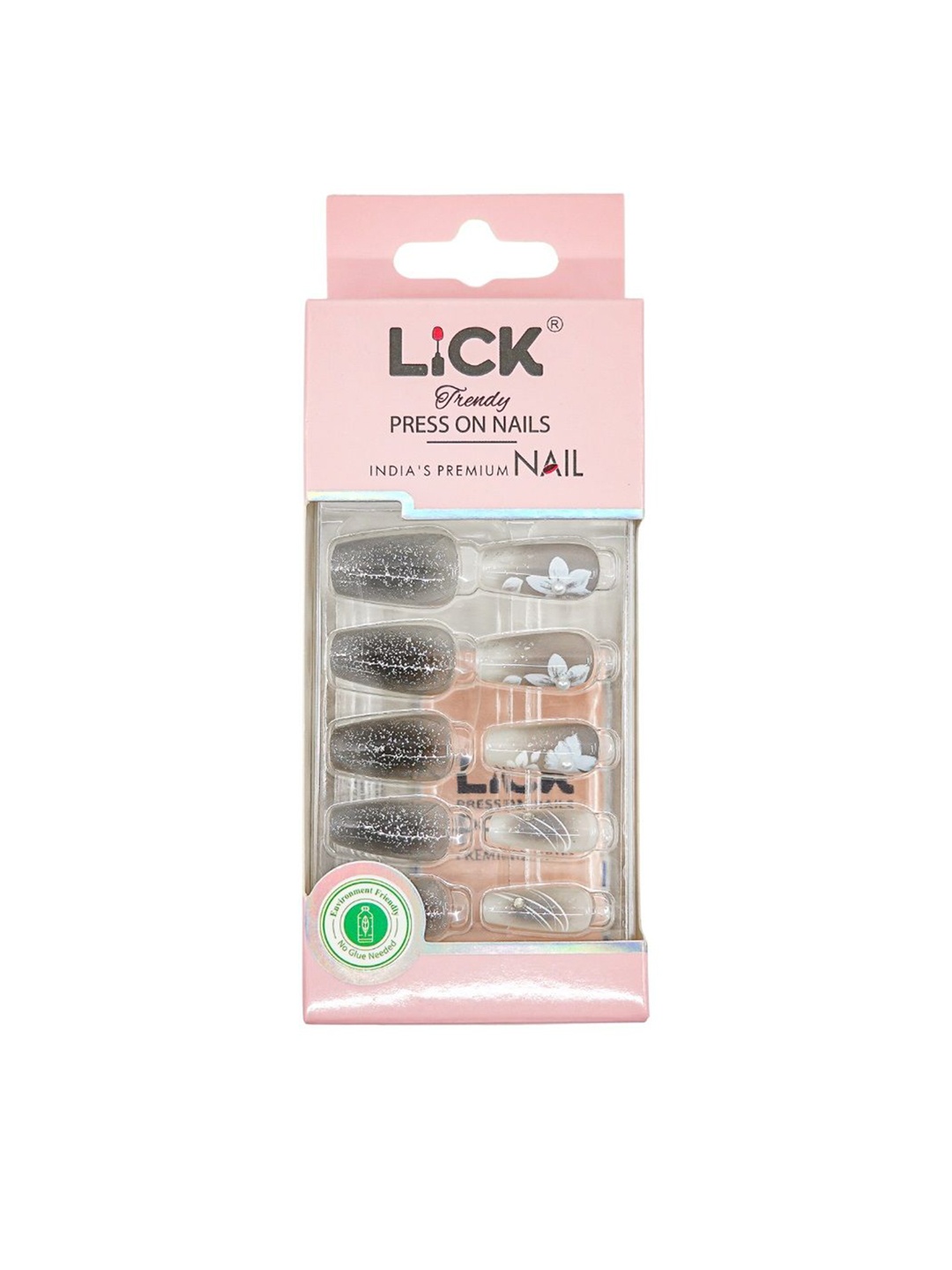 

LICK 30-Pcs Glossy Glitter Press On Artificial Nails - Black