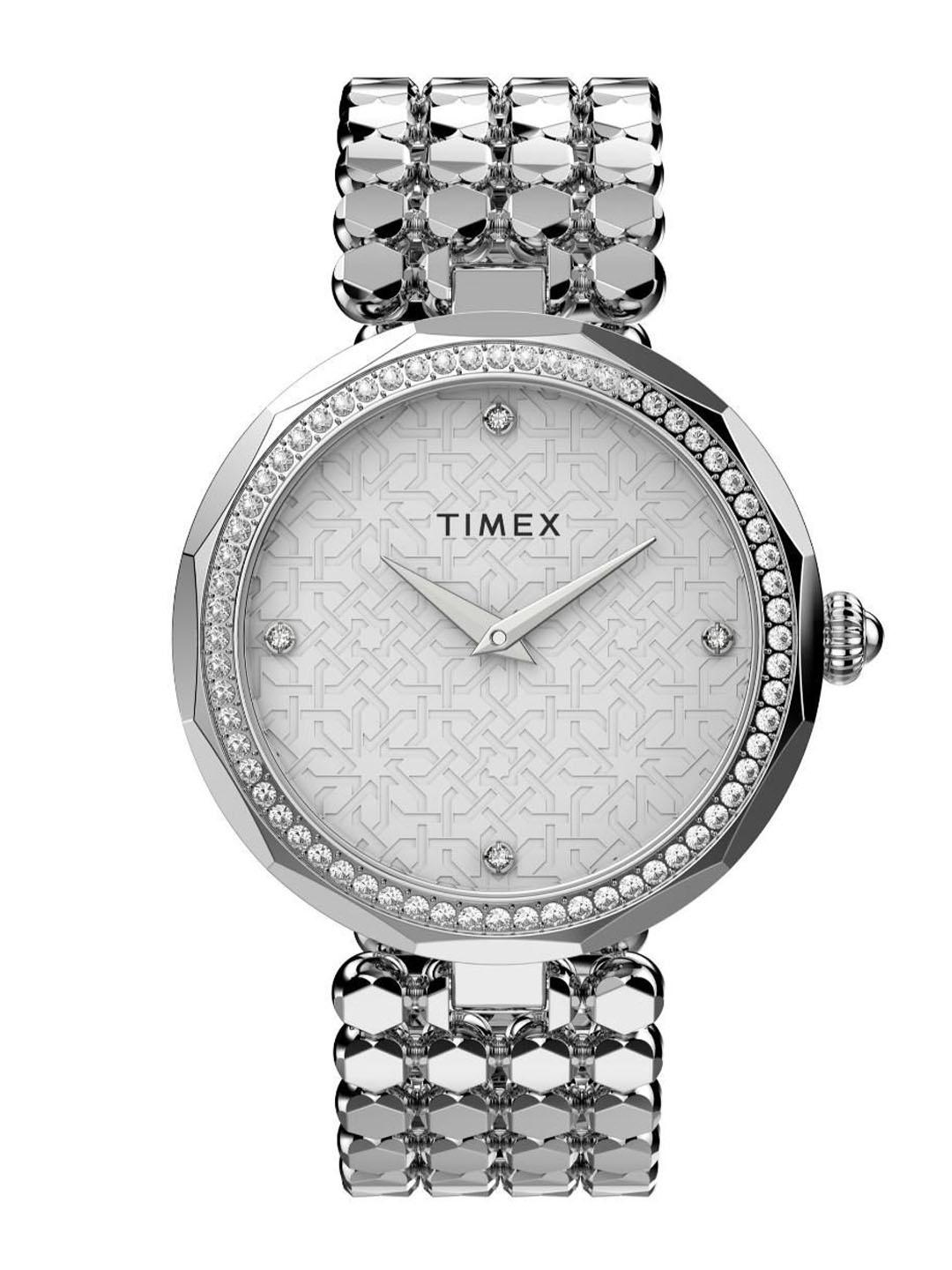 

Timex Women Brass Embellished Dial & Stainless Steel Bracelet Style Straps Analogue Watch TW2V02600, Silver