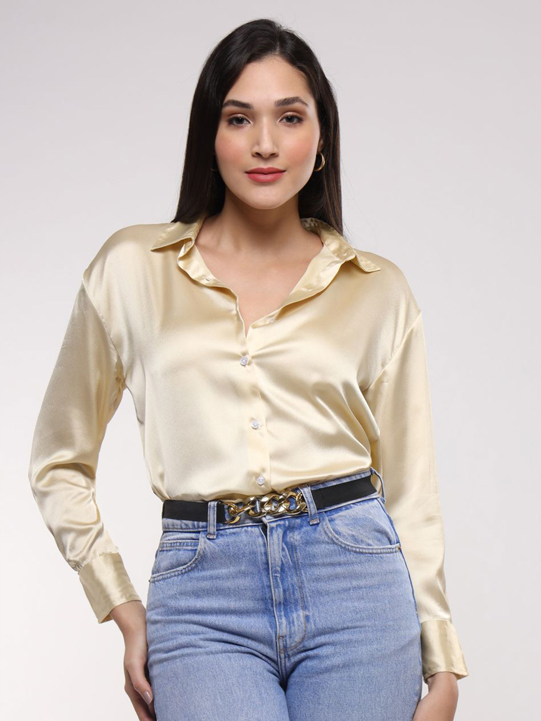 

AMSWAN Women Classic Opaque Casual Shirt, Cream