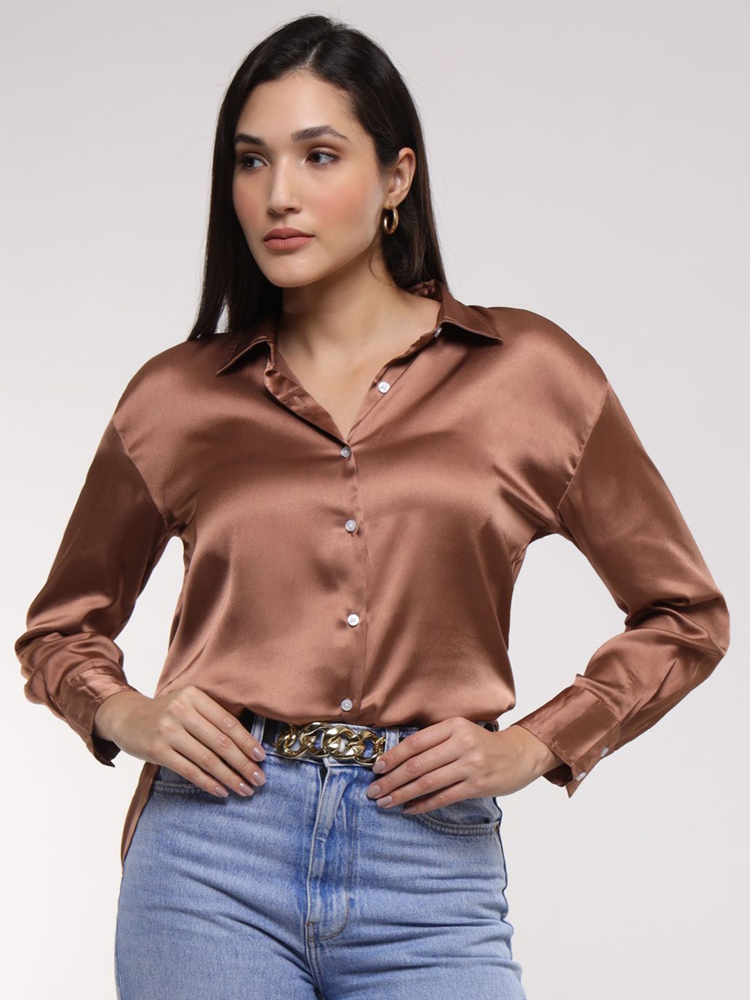 

AMSWAN Women Classic Opaque Casual Shirt, Brown