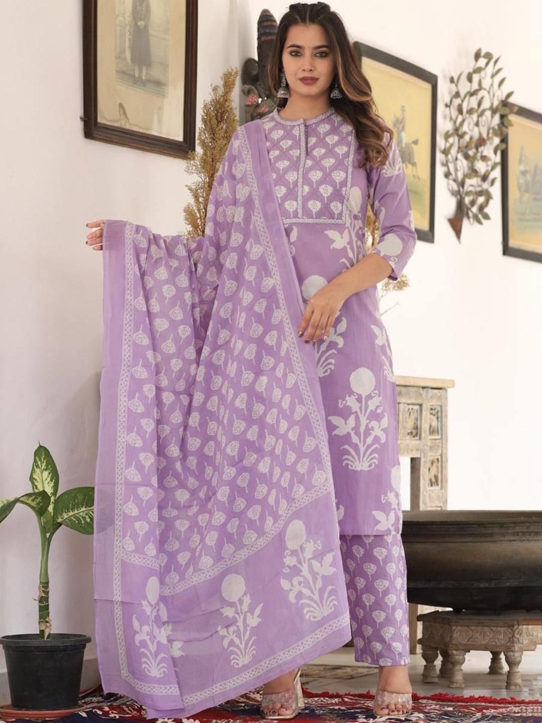 

KALINI Women Floral Printed Regular Kurta with Trousers & With Dupatta, Purple