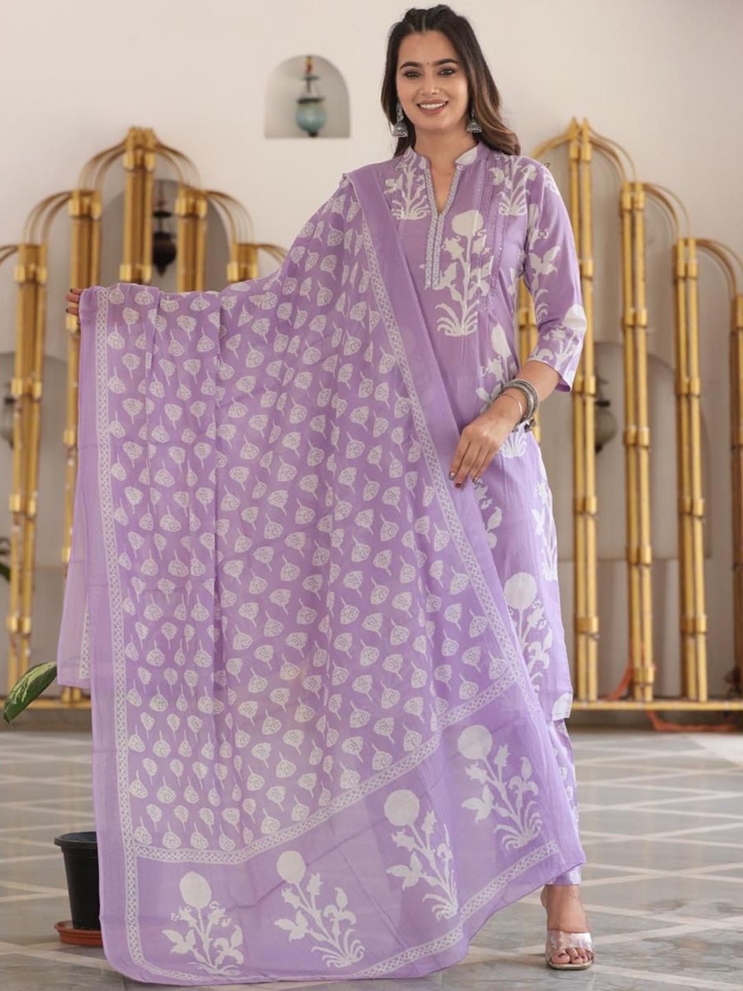 

KALINI Women Floral Printed Regular Kurta with Trousers & With Dupatta, Purple