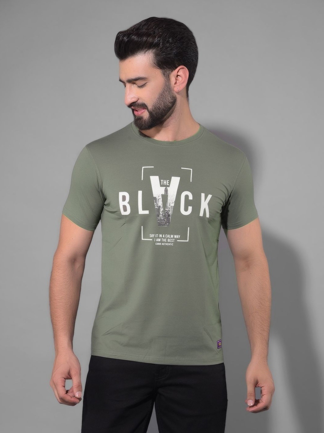

COBB Men Typography Printed Applique T-shirt, Olive