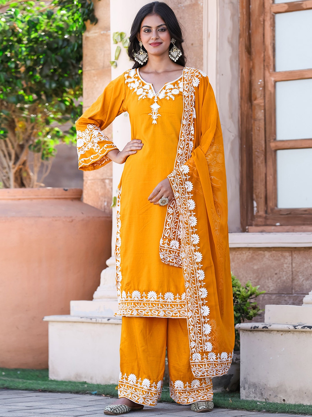 

KALINI Women Floral Embroidered Regular Beads and Stones Pure Silk Kurta with Palazzos & With Dupatta, Yellow