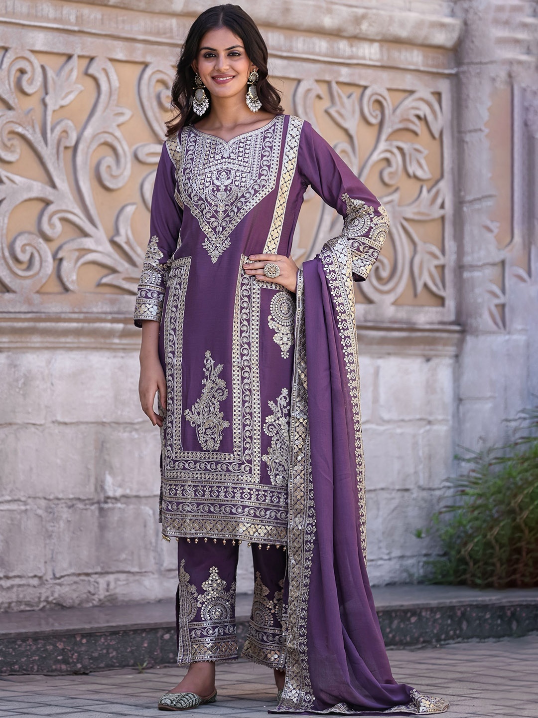 

KALINI Women Floral Embroidered Regular Beads and Stones Pure Silk Kurta with Trousers & With Dupatta, Purple