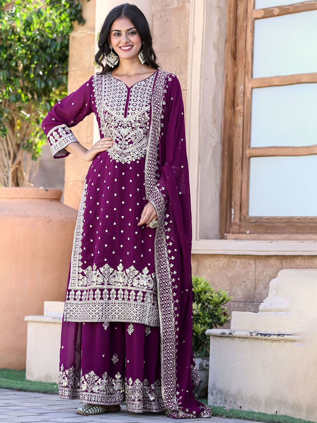 

KALINI Women Ethnic Motifs Embroidered Regular Sequinned Kurta with Sharara & With Dupatta, Purple