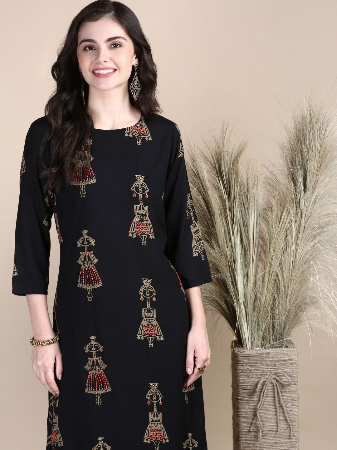 

SHOWOFF Women Printed Regular Beads and Stones Kurta with Palazzos, Black