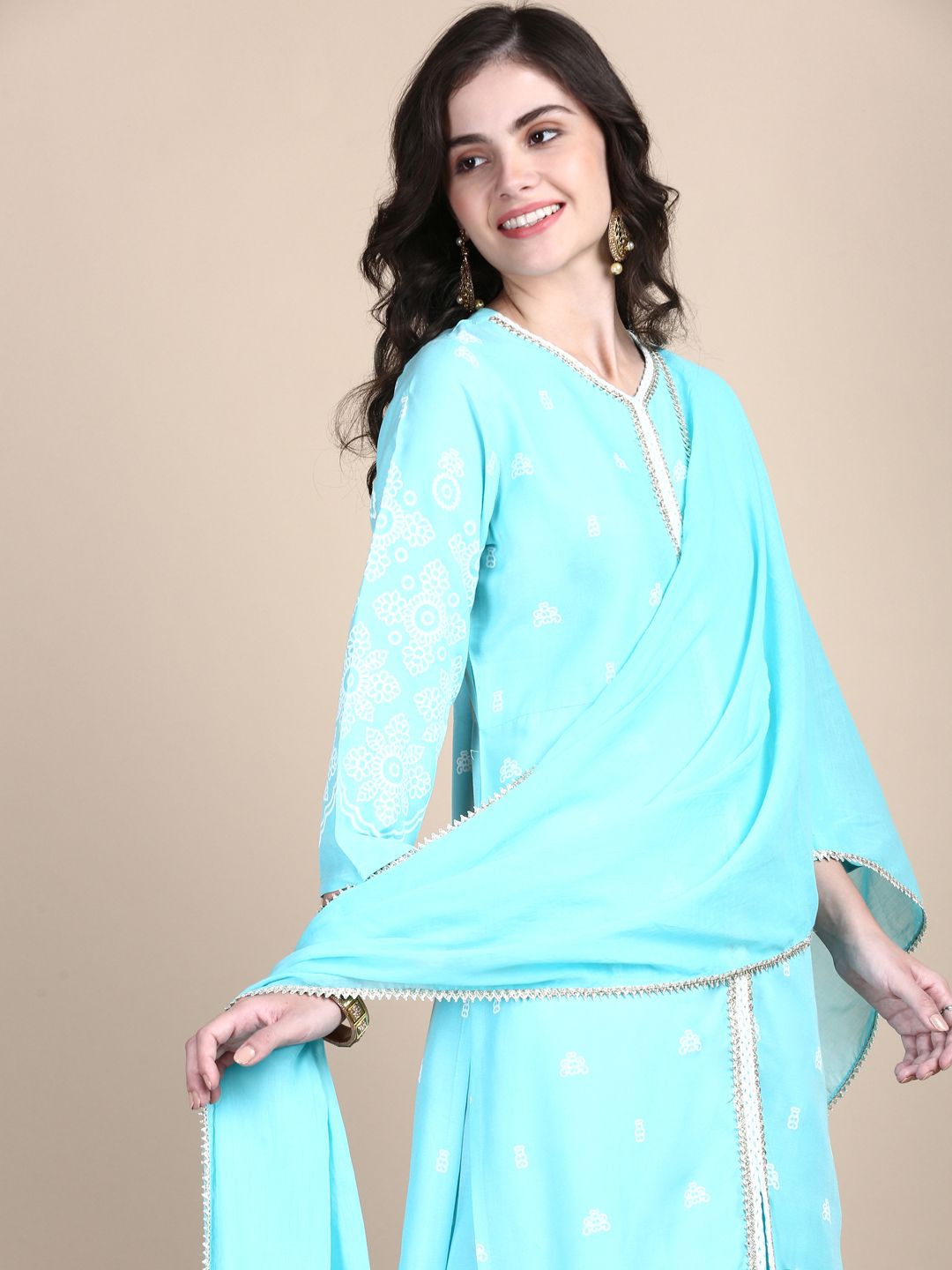 

SHOWOFF Women Ethnic Motifs Printed Regular Gotta Patti Kurta with Palazzos & With Dupatta, Blue