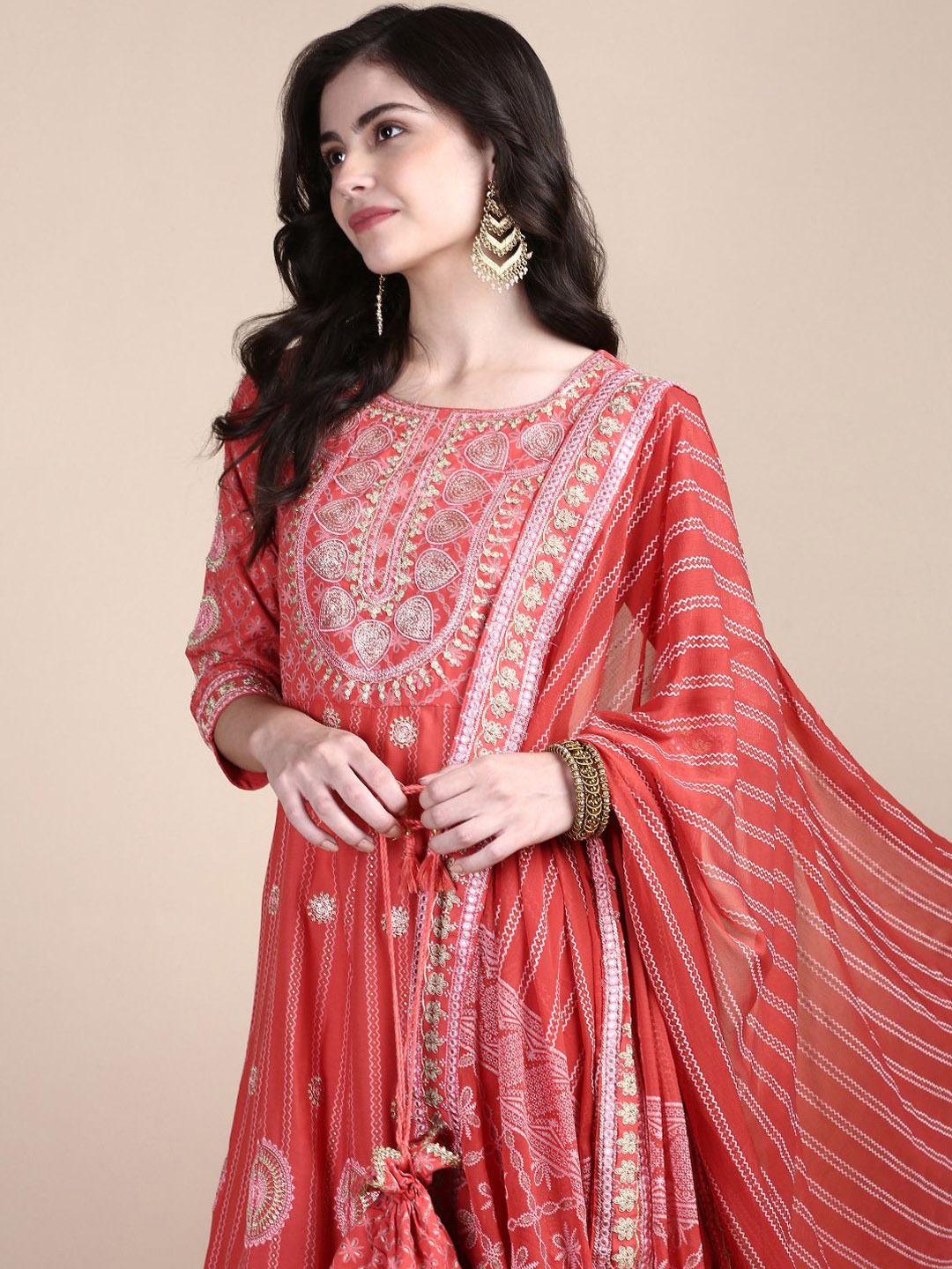 

SHOWOFF Women Ethnic Motifs Printed Empire Thread Work Kurta with Trousers & With Dupatta, Coral