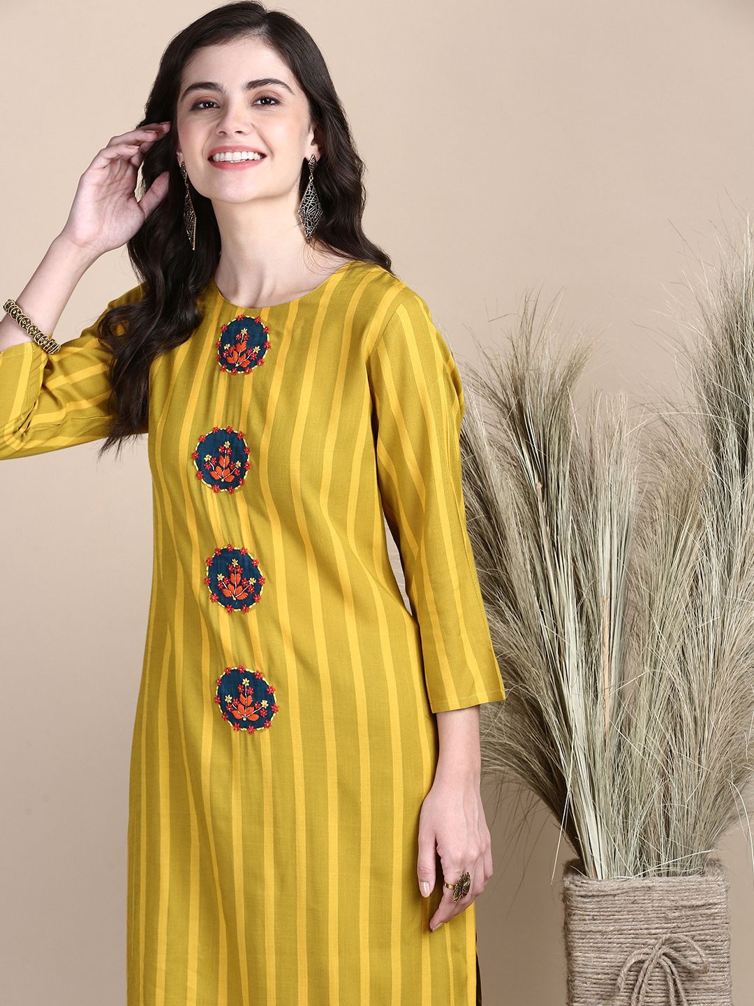 

SHOWOFF Women Striped Regular Thread Work Kurta with Palazzos, Mustard