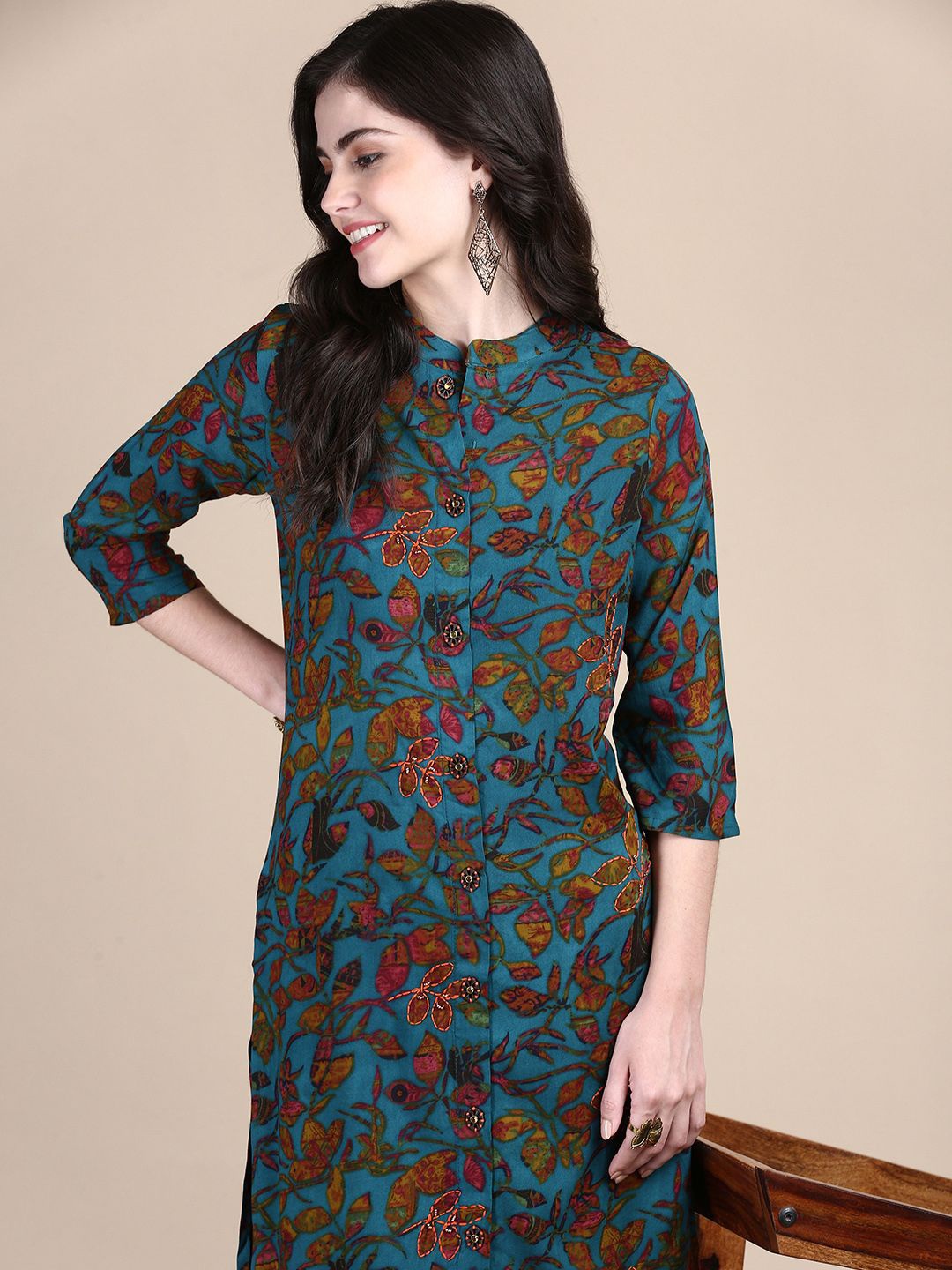 

SHOWOFF Women Floral Printed Panelled Beads and Stones Kurta with Palazzos, Blue