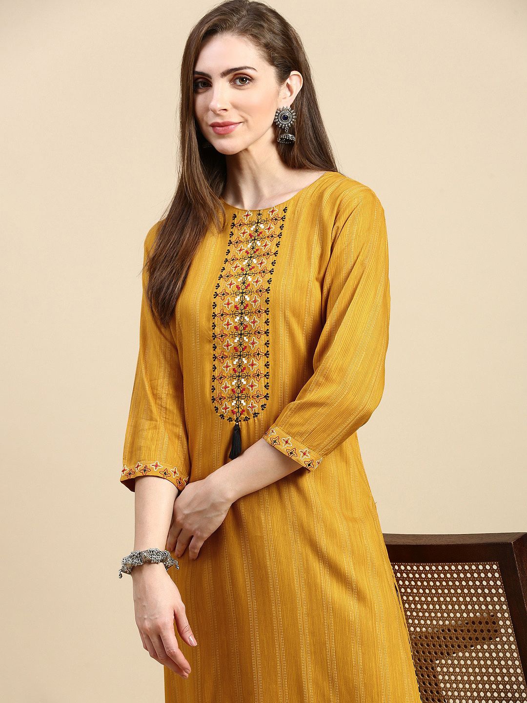 

SHOWOFF Women Printed Regular Thread Work Kurta with Trousers, Mustard