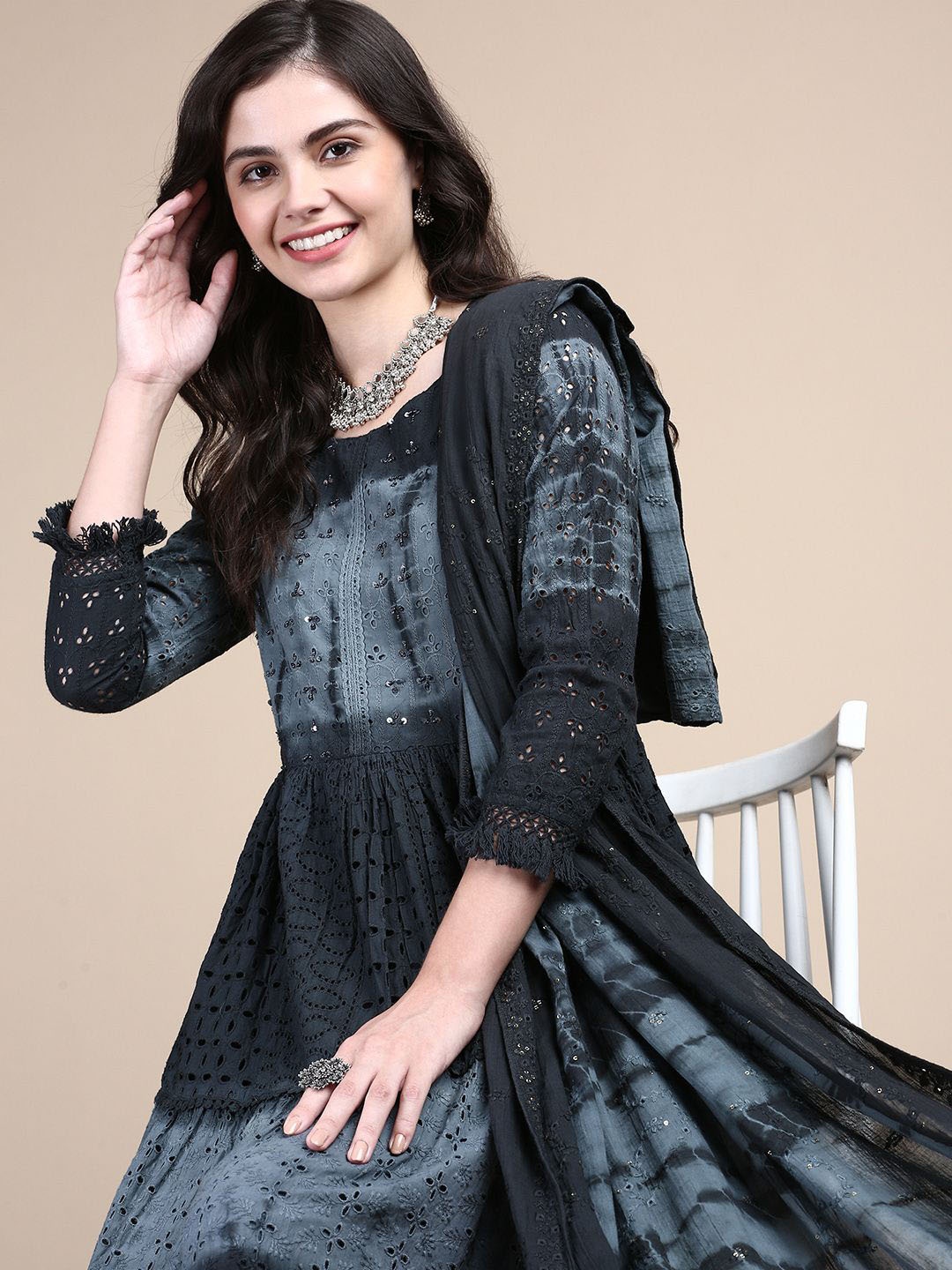 

SHOWOFF Women Embroidered Tiered Sequinned Kurta with Trousers & With Dupatta, Charcoal