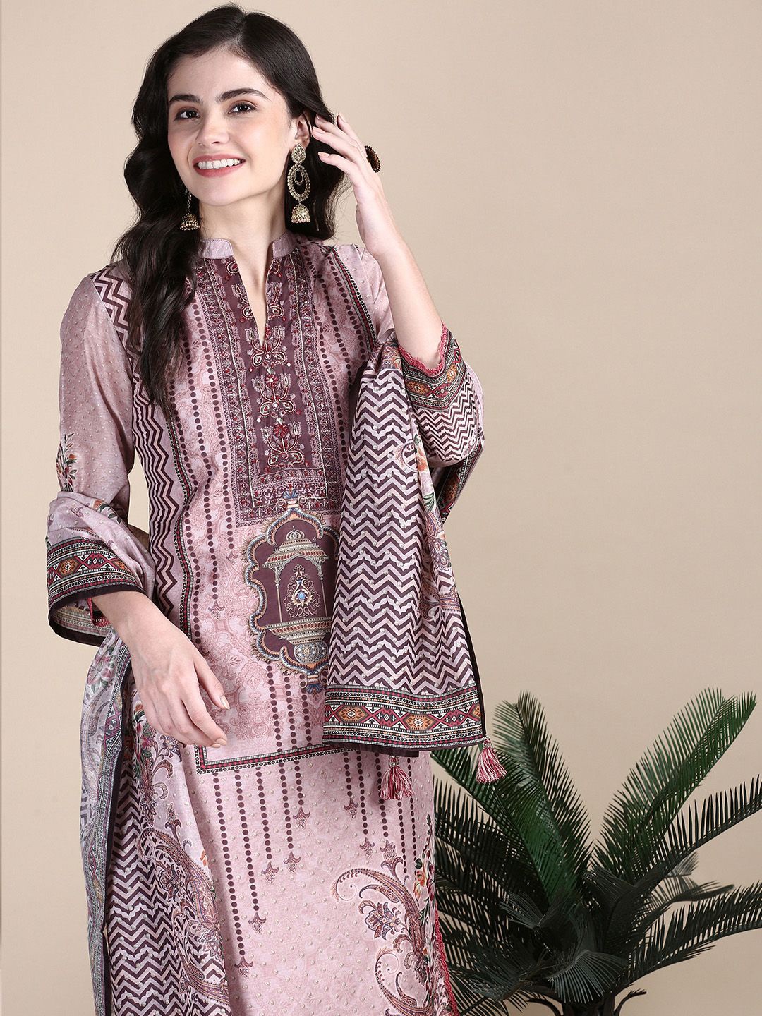 

SHOWOFF Women Ethnic Motifs Printed Regular Mirror Work Kurta with Trousers & With Dupatta, Peach