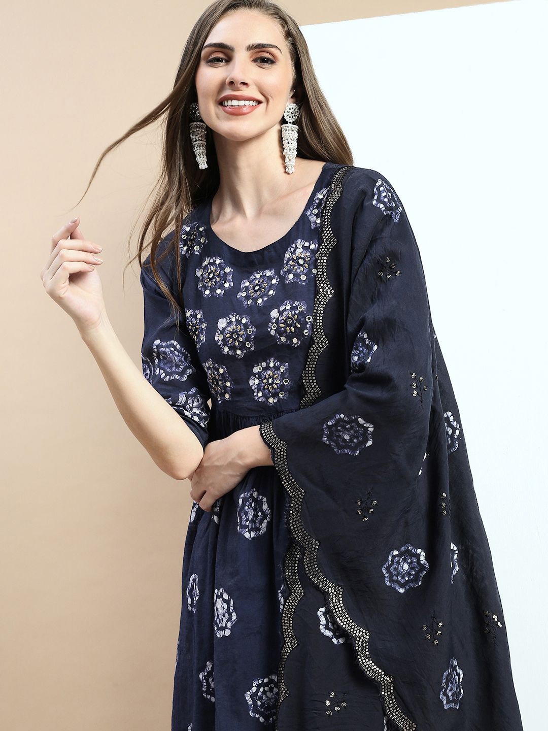 

SHOWOFF Women Floral Printed Empire Beads and Stones Kurta with Trousers, Navy blue