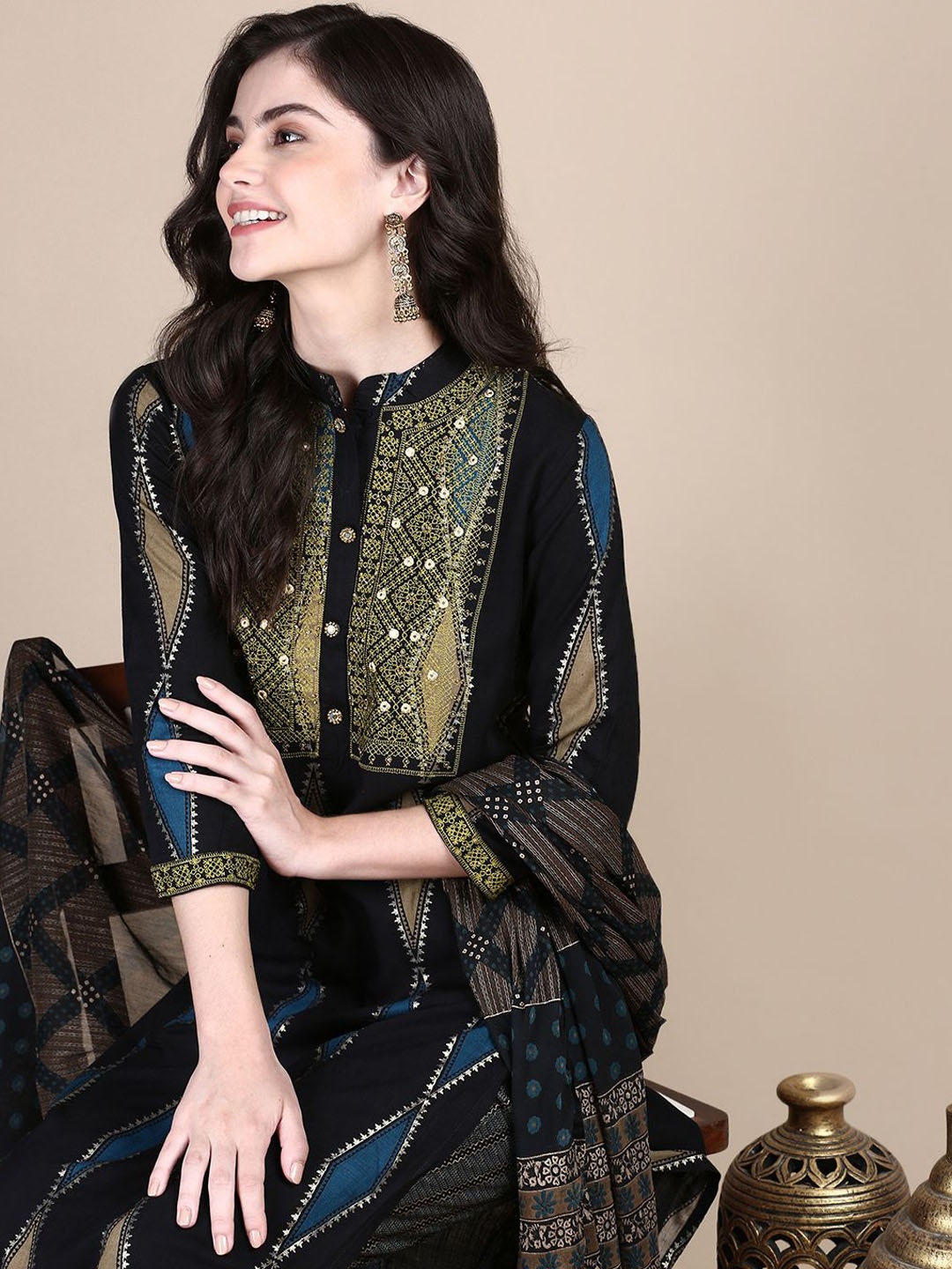 

SHOWOFF Women Printed Regular Mirror Work Kurta with Trousers & With Dupatta, Black