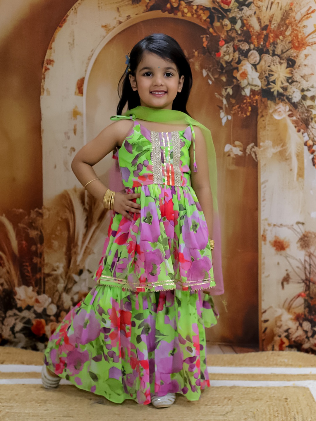 

KID1 Girls Floral Printed Pleated Kurta with Sharara & With Dupatta, Green