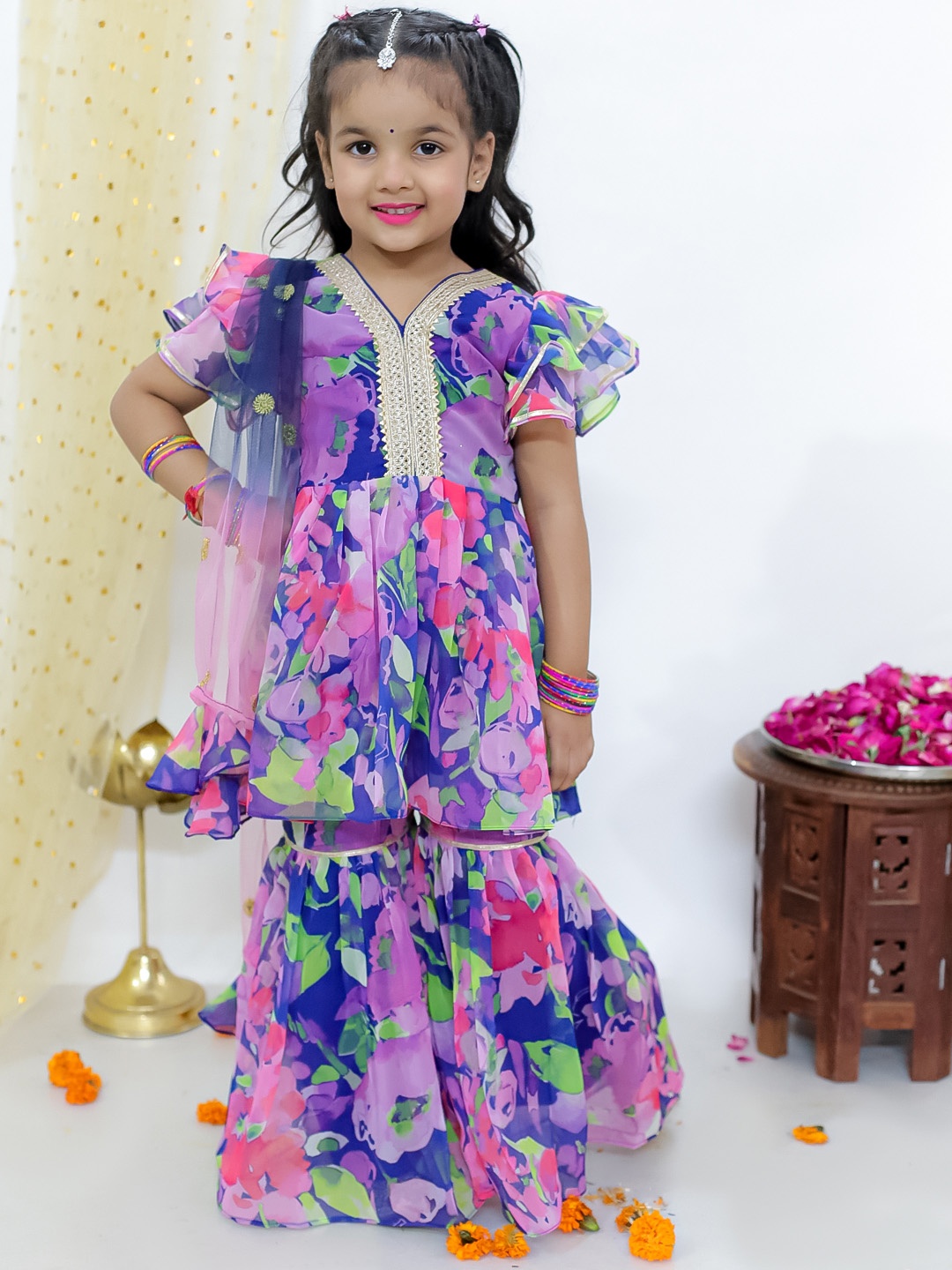 

KID1 Girls Floral Printed Pleated Kurta with Sharara & With Dupatta, Blue