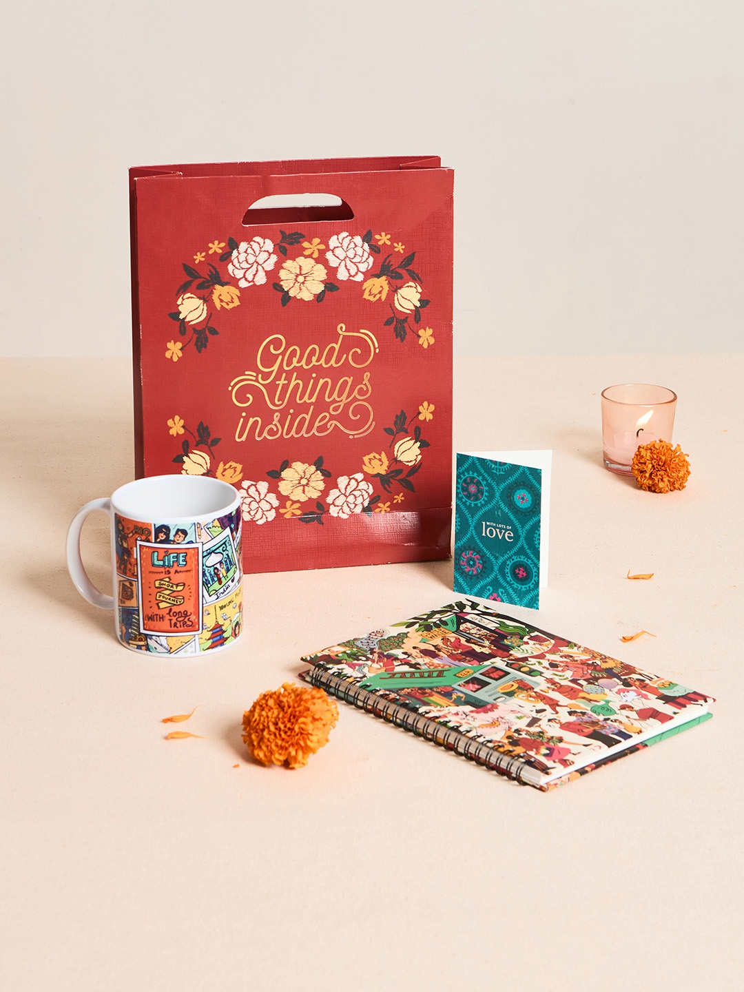 

Chumbak 4 Pcs Desi Travel Buff Notebook & Mug with Gift Card & Gift Bag Hamper, Multi