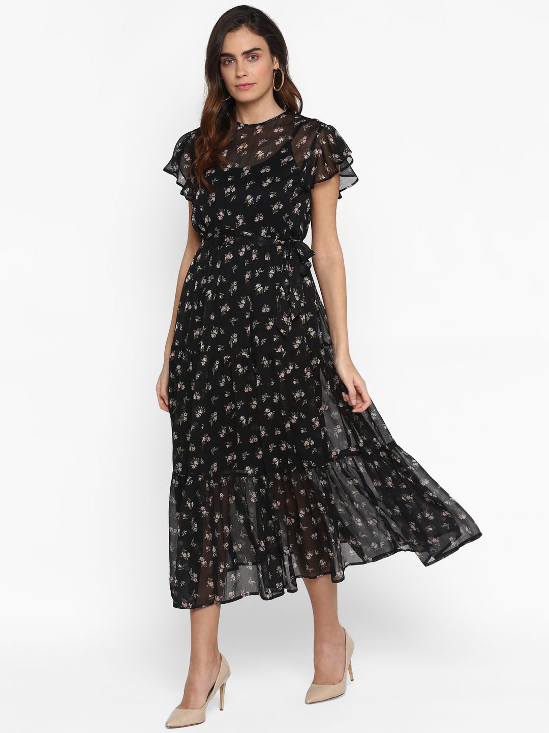 

HOUSE OF KKARMA Floral Print Flutter Sleeve Chiffon Fit & Flare Midi Dress, Black