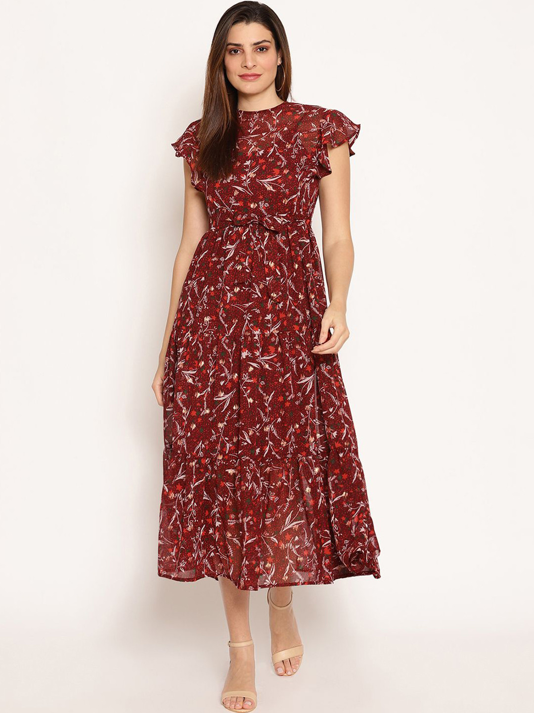 

HOUSE OF KKARMA Floral Print Flutter Sleeve Georgette Fit & Flare Midi Dress, Maroon