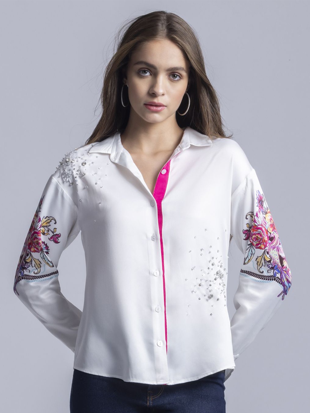 

SHAYE Women Smart Floral Opaque Printed Party Shirt, White
