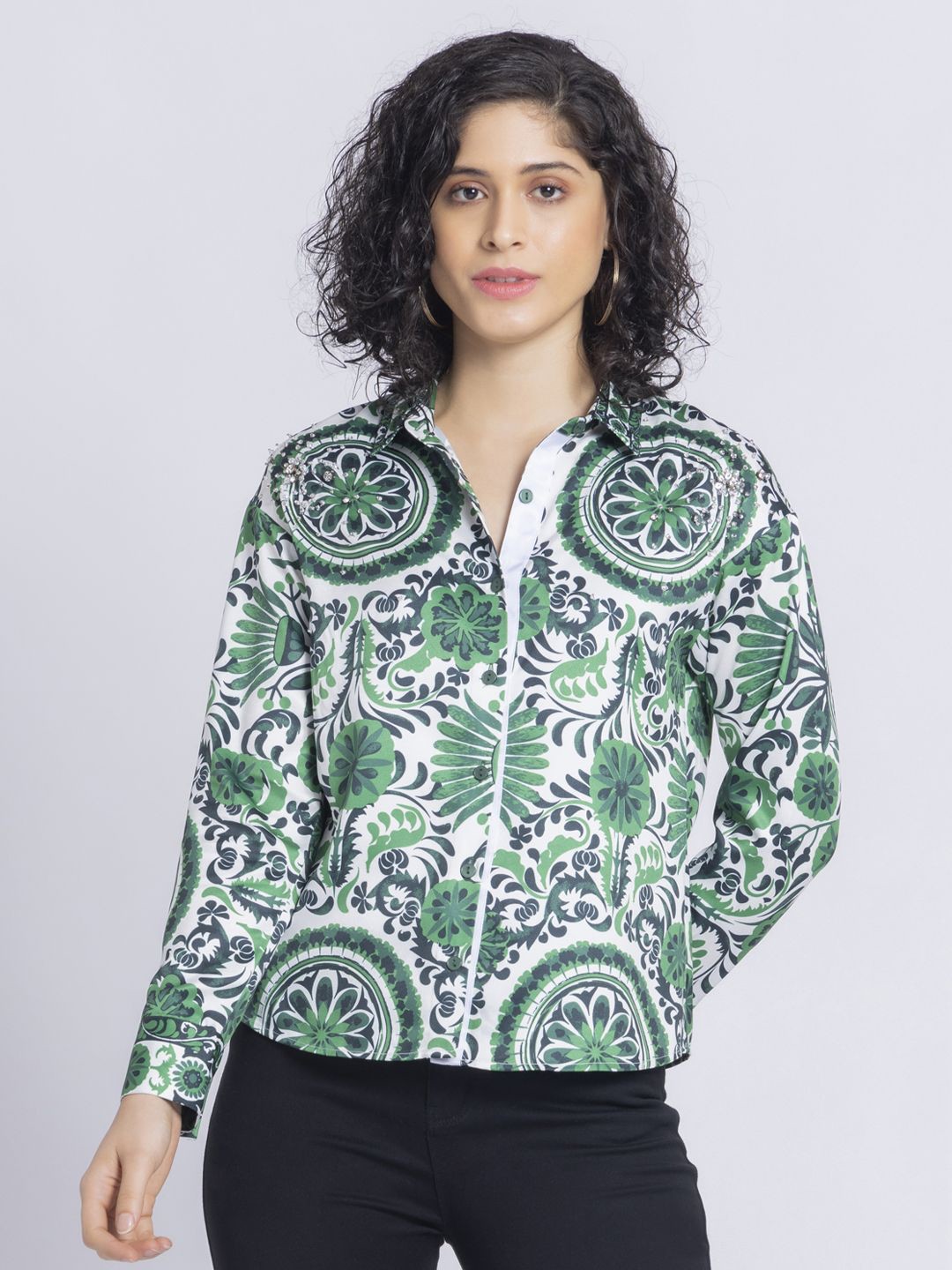 

SHAYE Women Smart Opaque Printed Party Shirt, Green