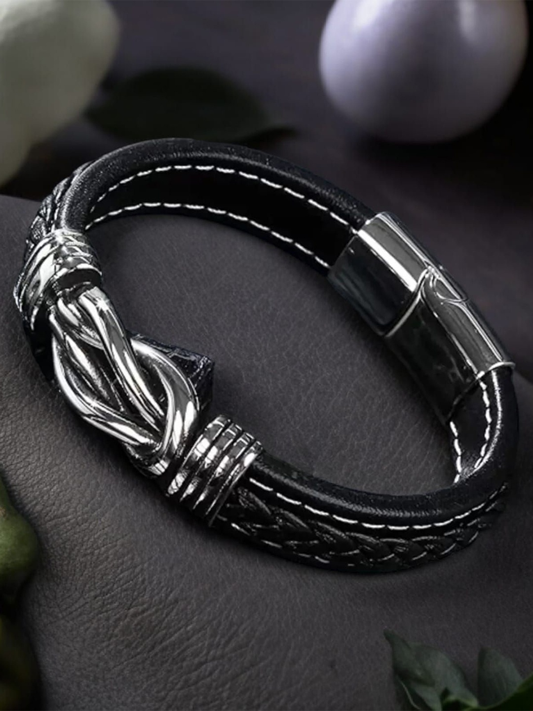 

KARISHMA KREATIONS Unisex Leather Silver-Plated Wraparound Bracelet