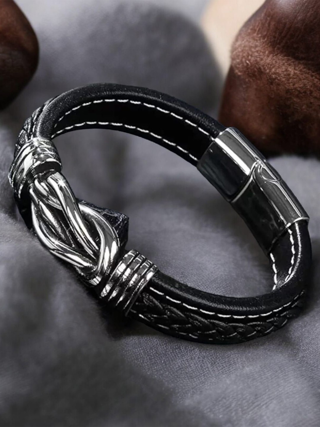 

KARISHMA KREATIONS Unisex Leather Silver-Plated Wraparound Bracelet
