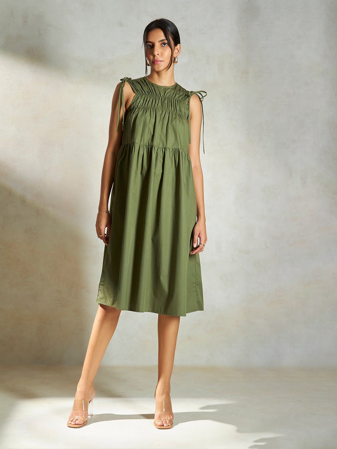 

Virgio Cotton Ruched A-Line Dress, Olive