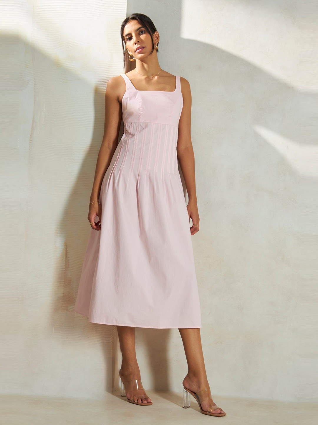 

Virgio Women Solid Wide Scoop Neck Sleeveless Cotton Midi Length Dress, Pink
