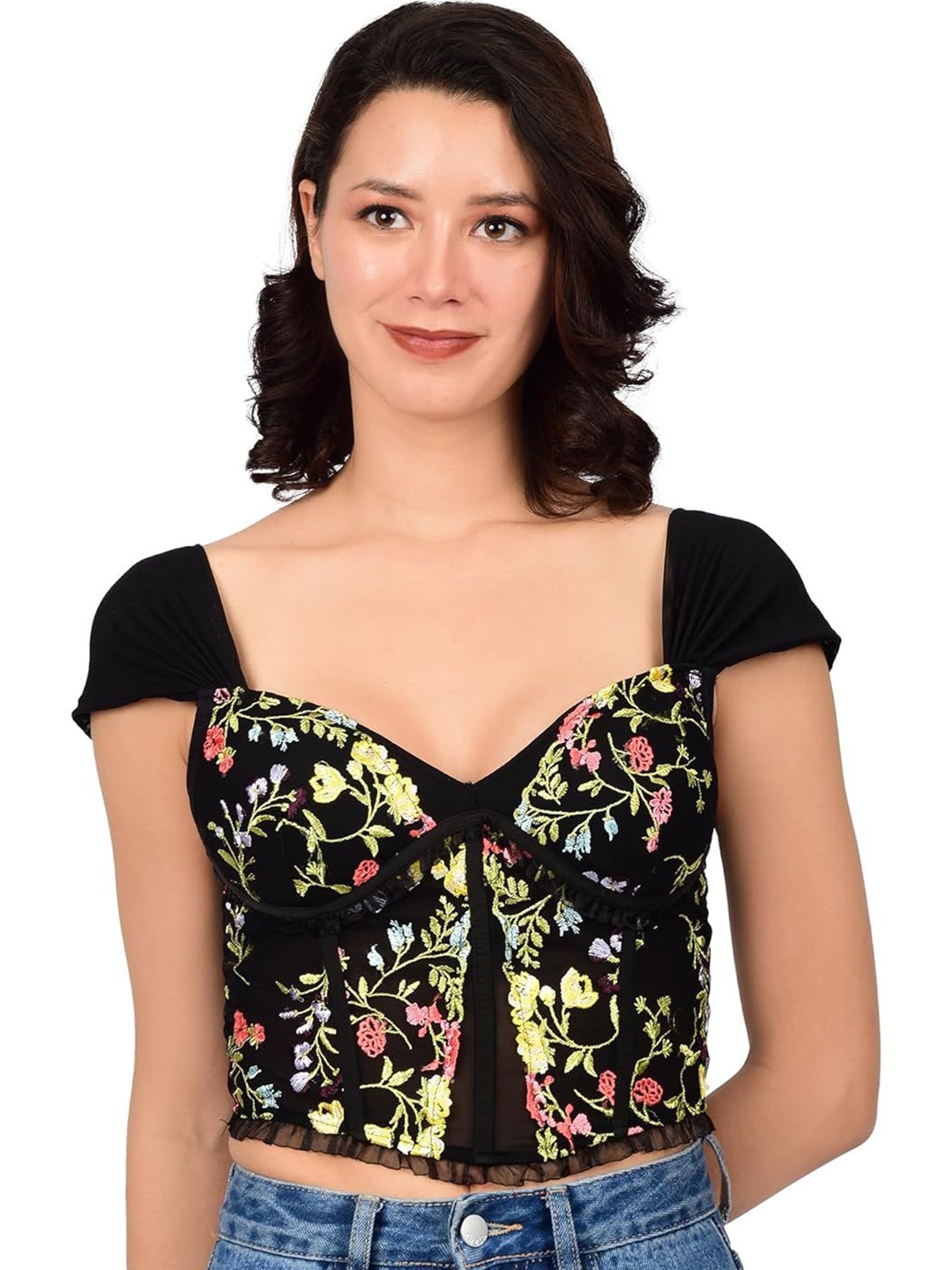 

bare dezire Floral Embroidered Sweetheart Neck Crop Top, Black