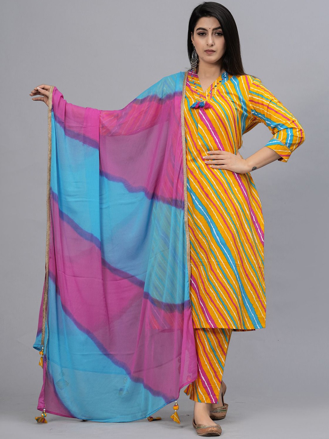 

FrionKandy Women Leheriya Printed Regular Mirror Work Pure Cotton Kurta with Trousers & With Dupatta, Mustard