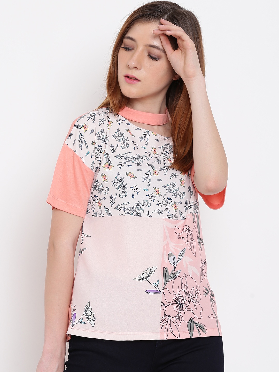 

Madame Women Peach-Coloured & Off-White Printed Top