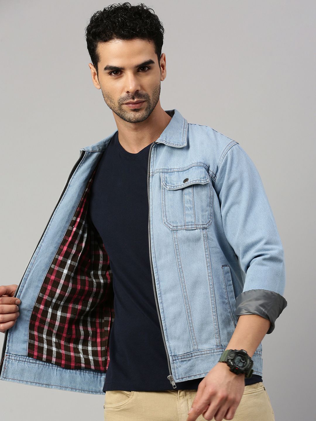 

VOXATI Men Washed Checked Longline Denim Jacket, Blue