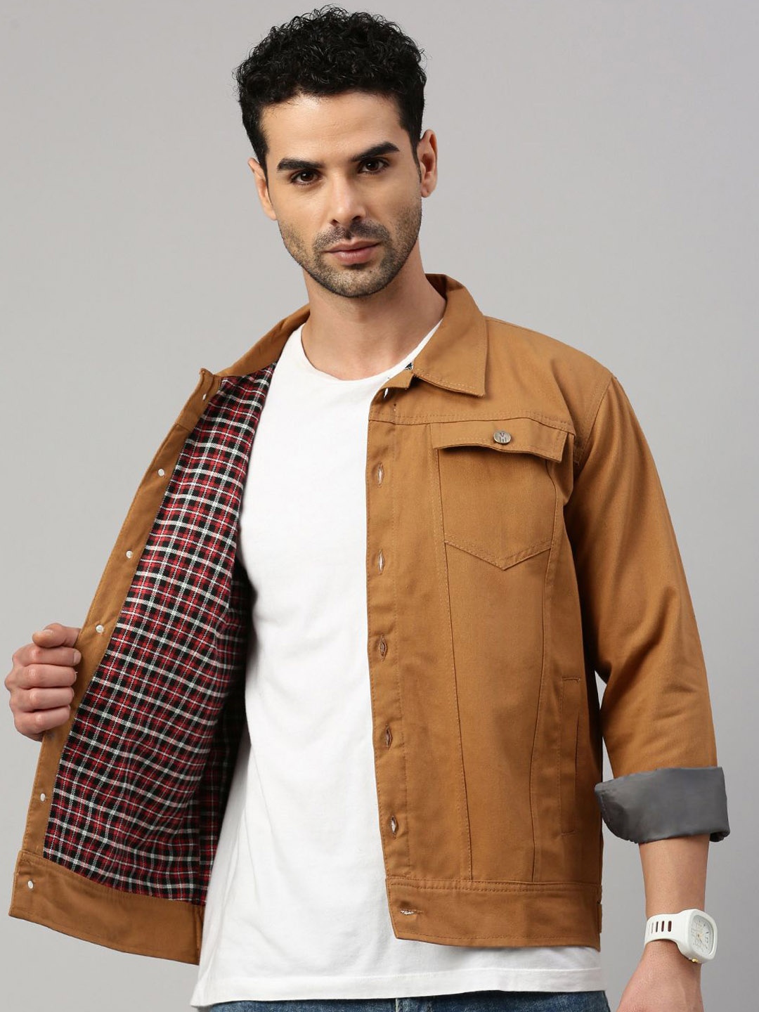 

VOXATI Men Washed Crop Denim Jacket with Patchwork, Mustard