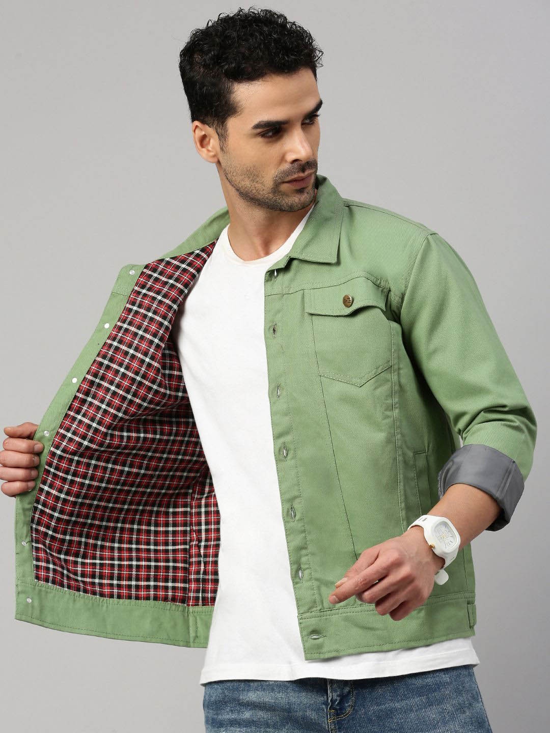 

VOXATI Men Washed Checked Crop Denim Jacket with Embroidered, Green